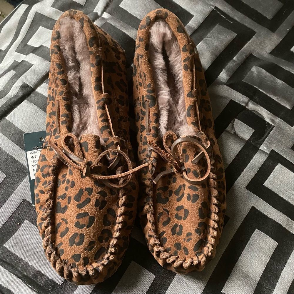 EMU leopard print moccasins house shoes, Women's Moccasin Slippers Micro Suede